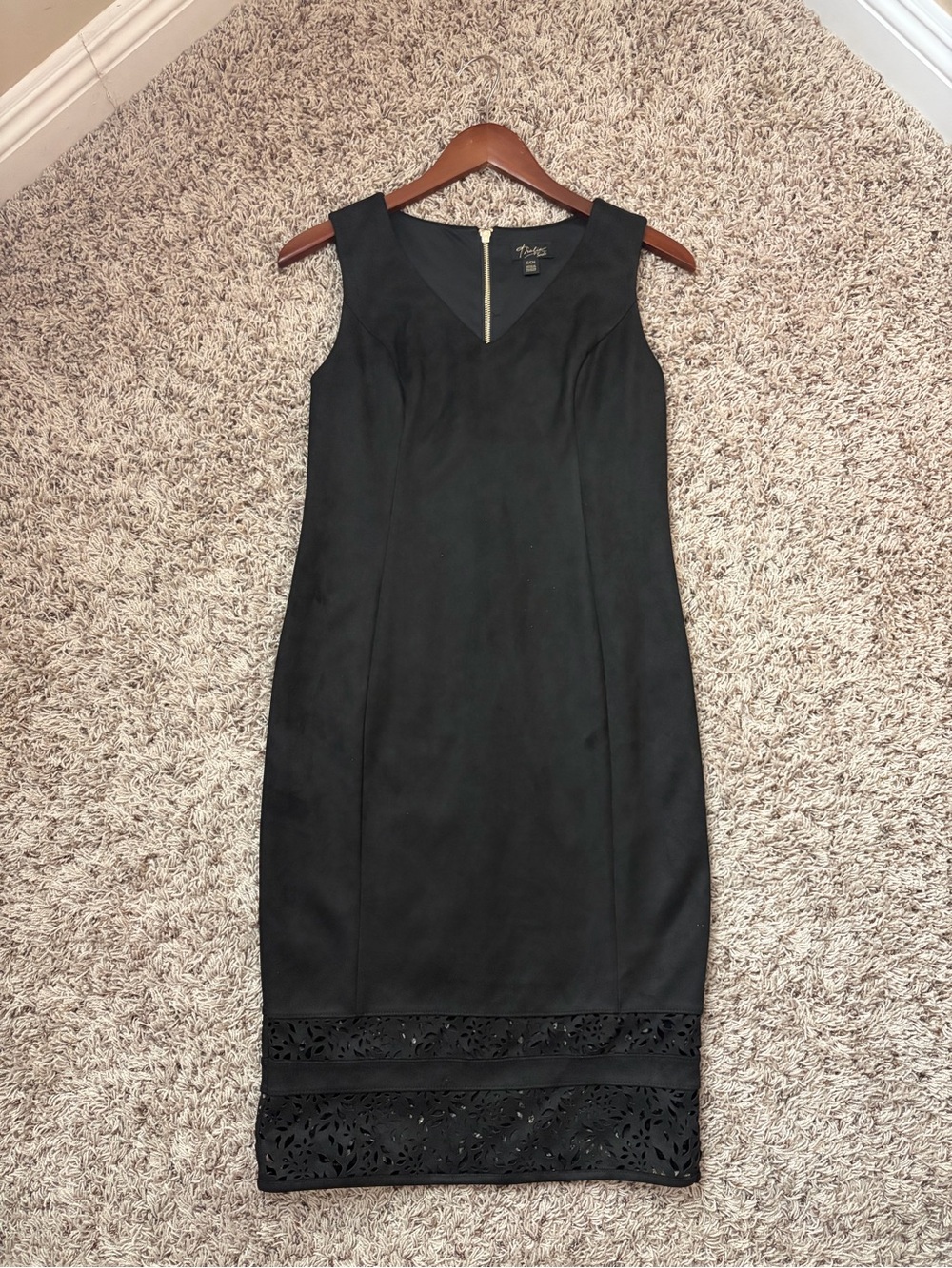 Thalia Sodi Black Sleeveless Midi Dress with Laser-Cut Hem in faux suede size s